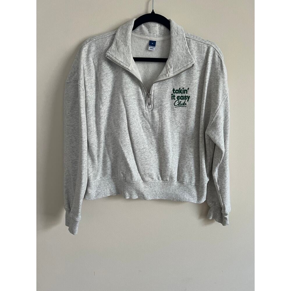 Old Navy Gray Half-Zip Sweatshirt with Green Text